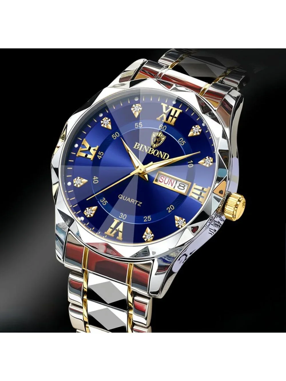 Unisex Blue And Black Analog Stainless Steel Roman Numeral Diamond Luxury Watch